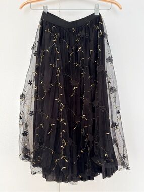 New Mix Black Tulle Overlay Midi Skirt 3D Floral Appliqué Gold Embroidery Size S